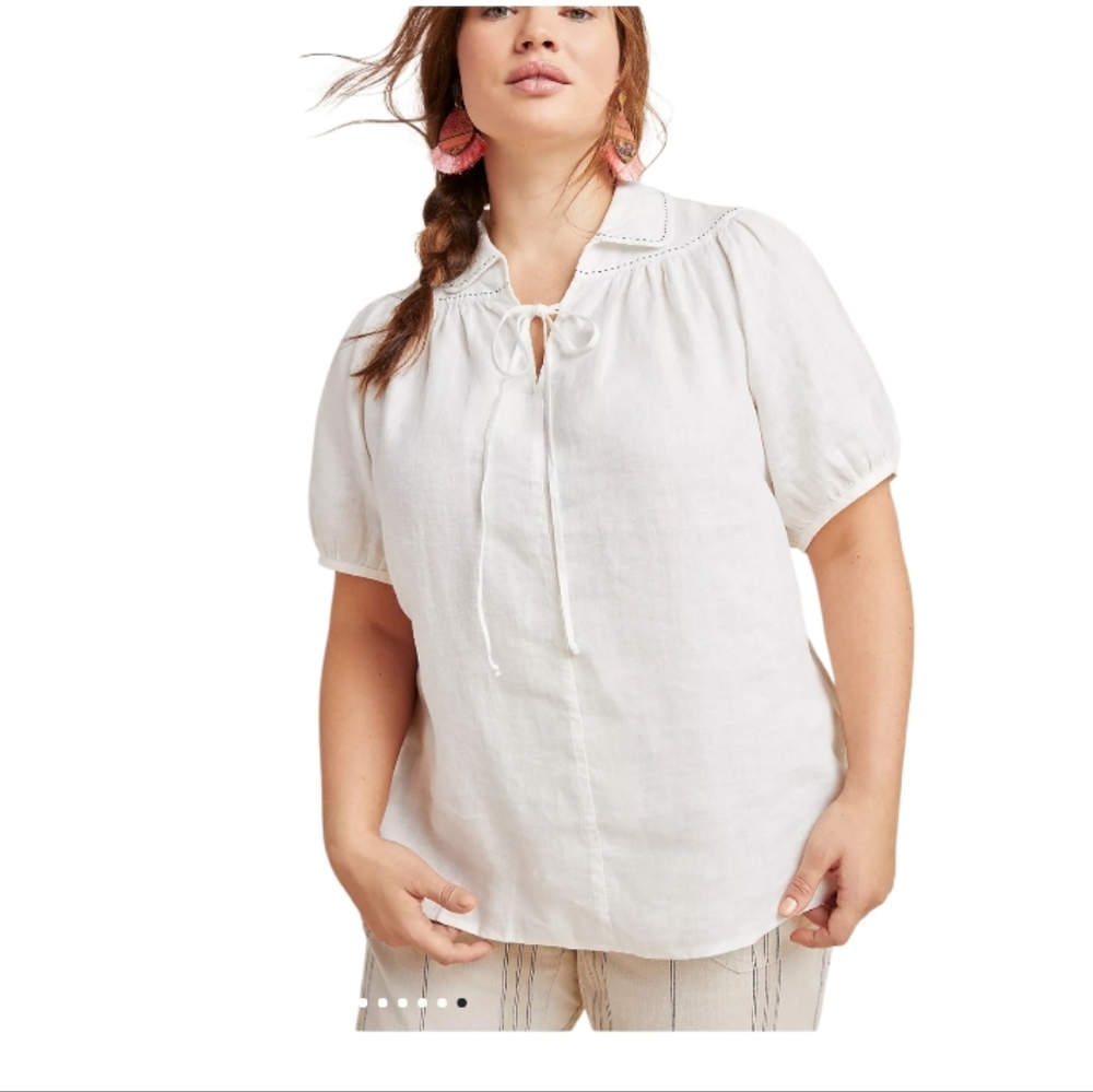 Anthropologie 100% Linen Collared Blouse Maeve, Size L, Preowned